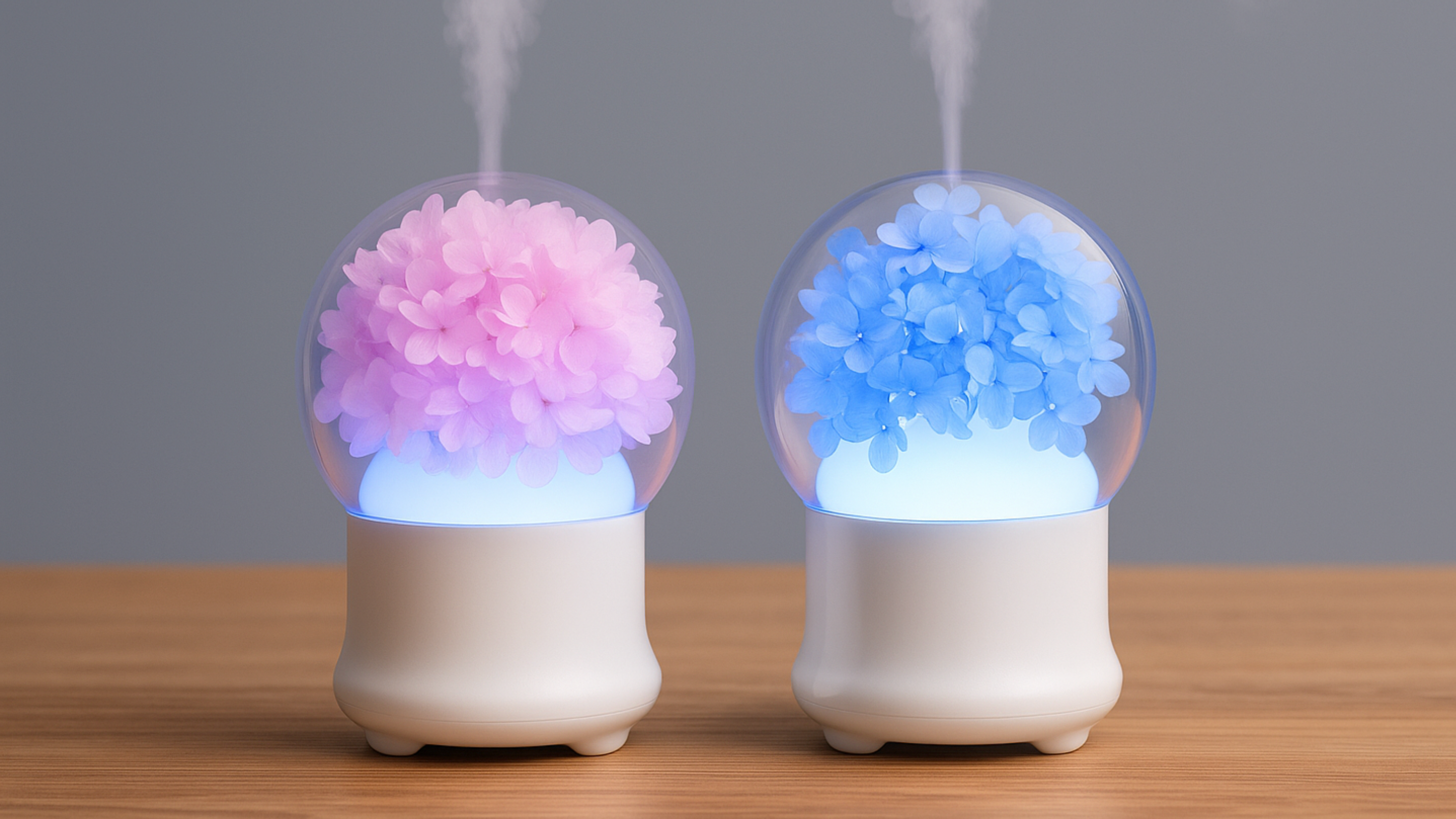 Two small humidifiers emitting mist with colorful lights on a wooden surface.